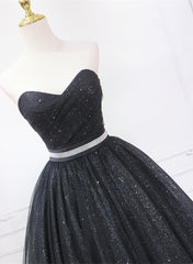 Party Dresses Size 16, Shiny Black Sweetheart Tea Length Tulle Prom Dress, Black Evening Dress Homecoming Dress