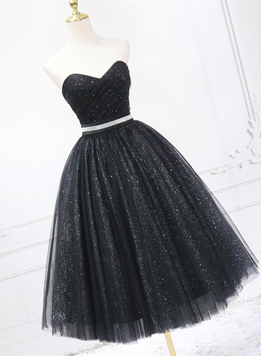 Party Dresses Classy Elegant, Shiny Black Sweetheart Tea Length Tulle Prom Dress, Black Evening Dress Homecoming Dress