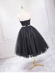 Party Dress Classy Elegant, Shiny Black Sweetheart Tea Length Tulle Prom Dress, Black Evening Dress Homecoming Dress