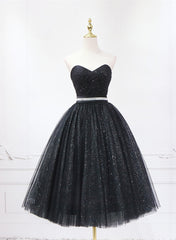 Party Dress Size 16, Shiny Black Sweetheart Tea Length Tulle Prom Dress, Black Evening Dress Homecoming Dress