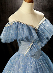Bridesmaids Dresses Neutral, Shiny Blue Off Shoulder Beaded Long Party Dress, Blue A-line Prom Dress