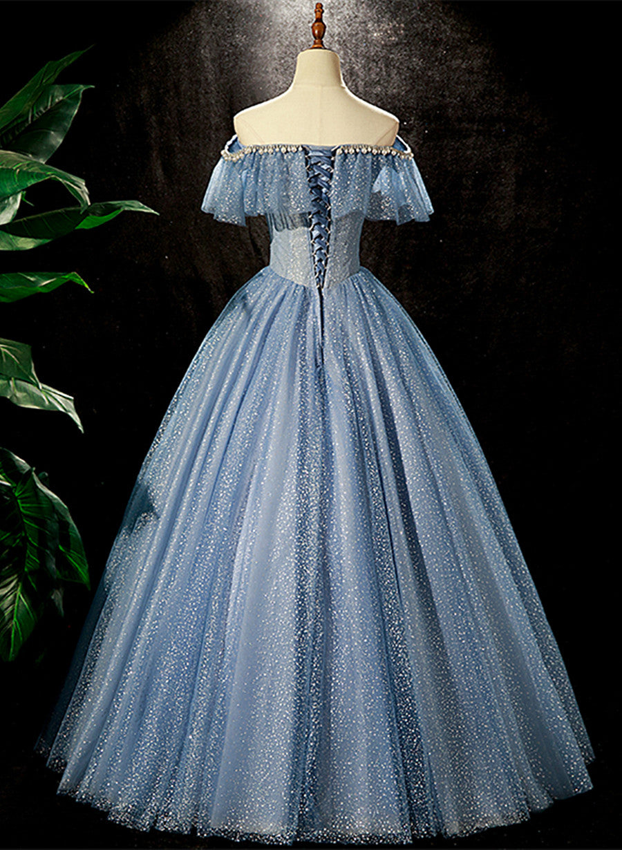 Bridesmaid Dress Neutral, Shiny Blue Off Shoulder Beaded Long Party Dress, Blue A-line Prom Dress