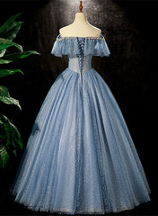 Bridesmaid Dress Neutral, Shiny Blue Off Shoulder Beaded Long Party Dress, Blue A-line Prom Dress