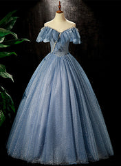 Bridesmaid Dress Dark, Shiny Blue Off Shoulder Beaded Long Party Dress, Blue A-line Prom Dress