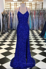Pretty Dress, Shiny Blue Sequins Mermaid Backless Long Prom Dress with High Slit, Mermaid Blue Formal Dress, Blue Evening Dress
