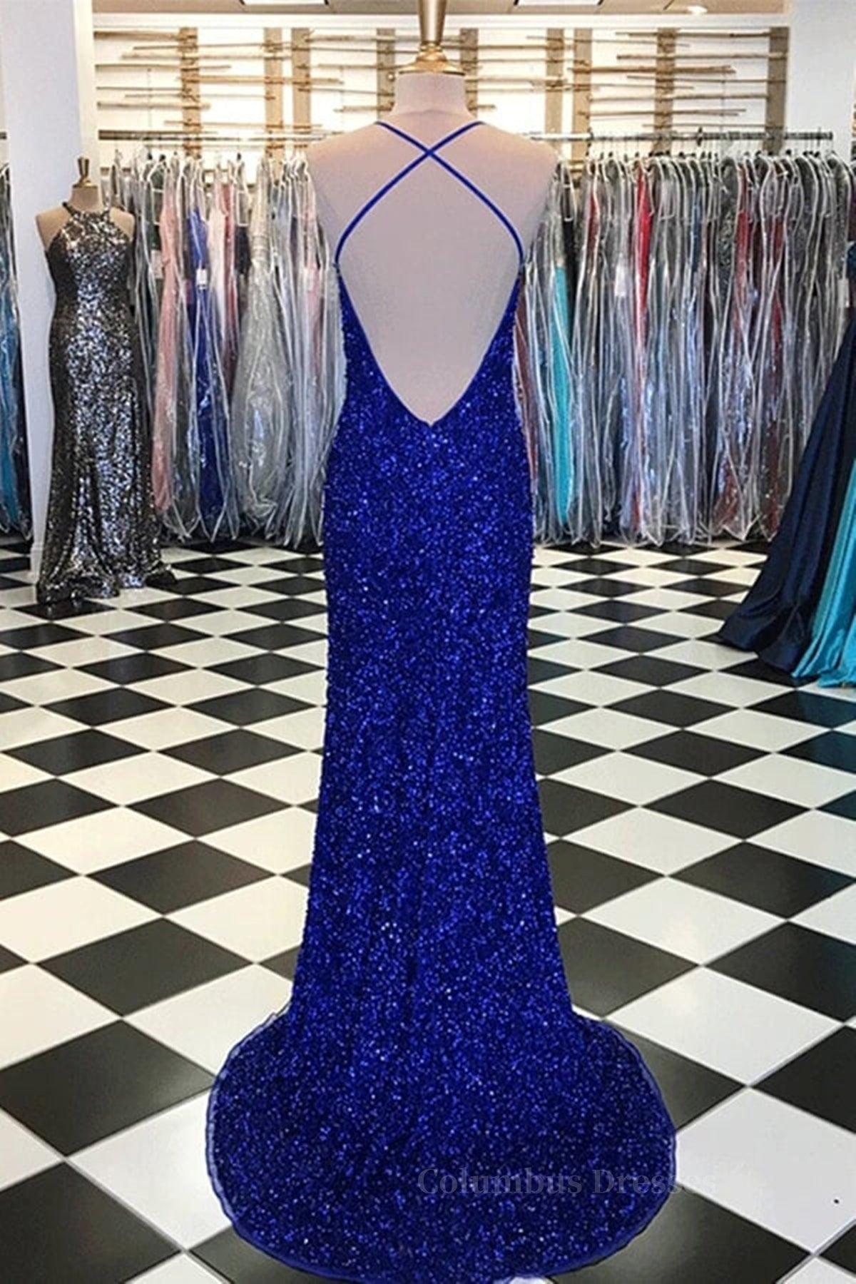 Fancy Dress, Shiny Blue Sequins Mermaid Backless Long Prom Dress with High Slit, Mermaid Blue Formal Dress, Blue Evening Dress