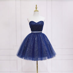 Prom Dresses With Shorts Underneath, Shiny Blue Tulle Sweetheart Homecoming Dress Party Dress, Navy Blue Short Prom Dress