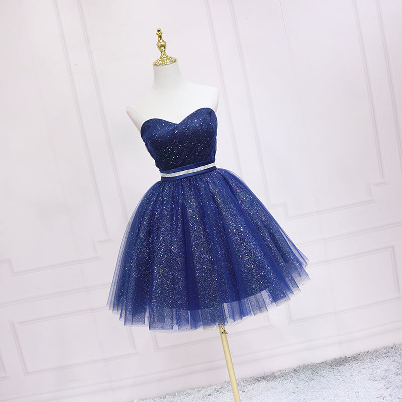 Prom Dresses 2022 Red, Shiny Blue Tulle Sweetheart Homecoming Dress Party Dress, Navy Blue Short Prom Dress