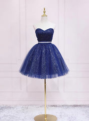 Prom Dresses 2023 Black, Shiny Blue Tulle Sweetheart Homecoming Dress Party Dress, Navy Blue Short Prom Dress