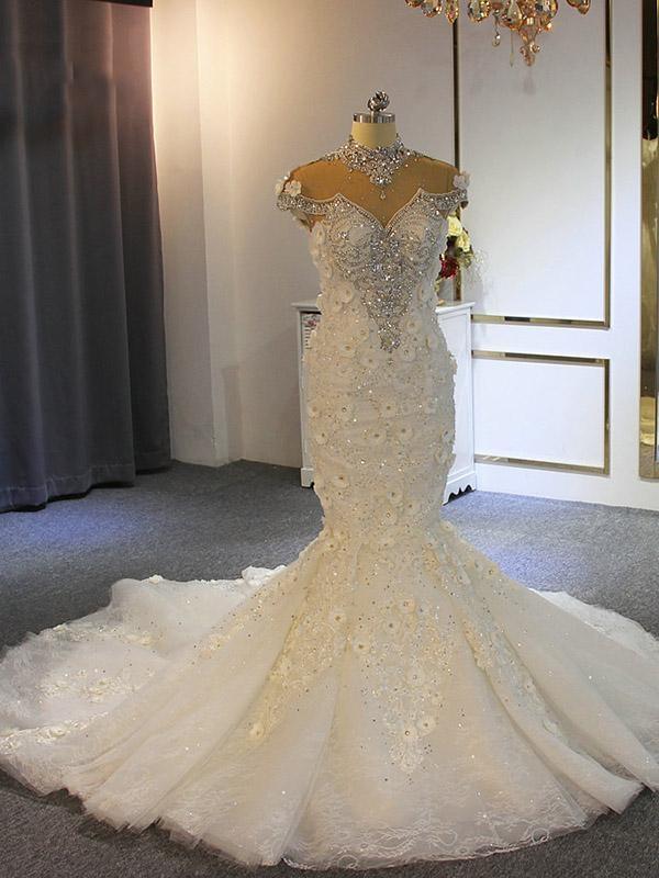Wedding Dresses Under 205, Shiny Crystal High Neck Floral Wedding Dresses Sheer Tulle Sleeveless Mermaid Bridal Gowns
