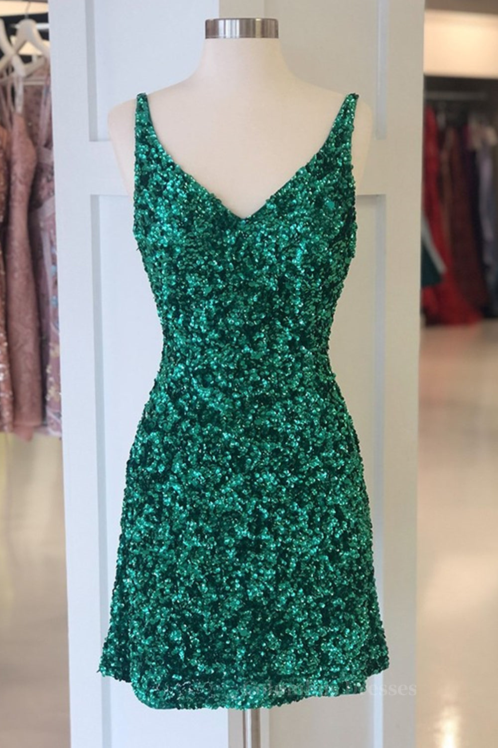 Mini Dress Formal, Shiny Green Sequins V Neck Short Prom Dresses, V Neck Green Homecoming Dresses, Green Formal Evening Dresses