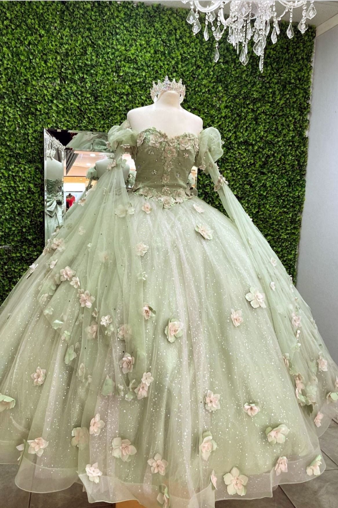 Party Dresses Long, Shiny Light Sage Green Princess Dress with Flowers£¬Light Sage Green Ball Gown,Sweet 16 Dress