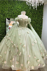 Party Dress Long, Shiny Light Sage Green Princess Dress with Flowers£¬Light Sage Green Ball Gown,Sweet 16 Dress
