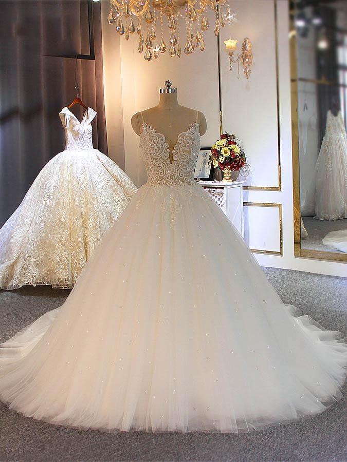Wedding Dress For Big Bust, Shiny Long Ball Gown Sweetheart Spaghetti Strap Lace Tulle Wedding Dresses
