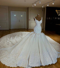 Wedding Dresses For Brides, Shiny Mermaid Beading Lace Straps Applique Wedding Dresses