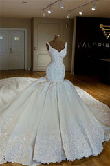 Wedding Dresses For Bride, Shiny Mermaid Beading Lace Straps Applique Wedding Dresses