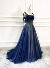 Evening Dress Knee Length, Shiny Navy Blue Tulle Straps Long Prom Dresses Party Dresses, A-line Beaded Prom Dresses