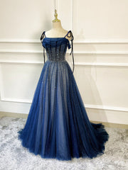 Evening Dresses For Over 50, Shiny Navy Blue Tulle Straps Long Prom Dresses Party Dresses, A-line Beaded Prom Dresses