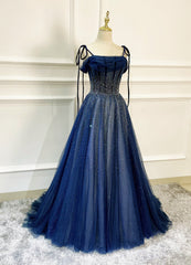 Evening Dresses For Over 40, Shiny Navy Blue Tulle Straps Long Prom Dresses Party Dresses, A-line Beaded Prom Dresses