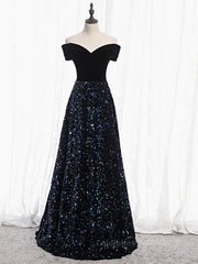 Prom Dress Fairy, Shiny Off the Shoulder Black Prom Dresses with Corset Back, Shiny Black Long Formal Evening Dresses