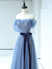 Prom Dress Black Girl, Shiny Off the Shoulder Blue Tulle Prom Dresses, Blue Long Formal Evening Dresses