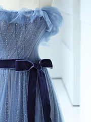 Dress, Shiny Off the Shoulder Blue Tulle Prom Dresses, Blue Long Formal Evening Dresses
