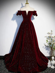 Bridesmaid Dress Style Long, Shiny Off the Shoulder Burgundy Long Prom Dresses, Off Shoulder Wine Red Formal Evening Dresses