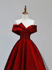 Bridesmaid Dresses Red, Shiny Off the Shoulder Burgundy Long Prom Dresses, Wine Red Off Shoulder Formal Evening Dresses