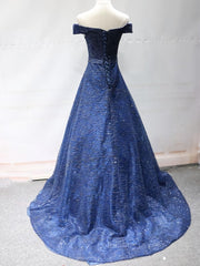 Prom Dress Under 133, Shiny Off the Shoulder Navy Blue Long Prom Dresses, Off Shoulder Blue Formal Evening Dresses