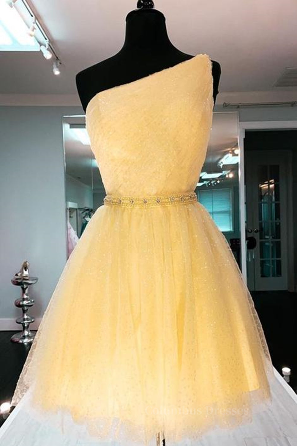 Midi Dress, Shiny One Shoulder Yellow Short Prom Homecoming Dress with Belt, Short One Shoulder Yellow Formal Evening Dress