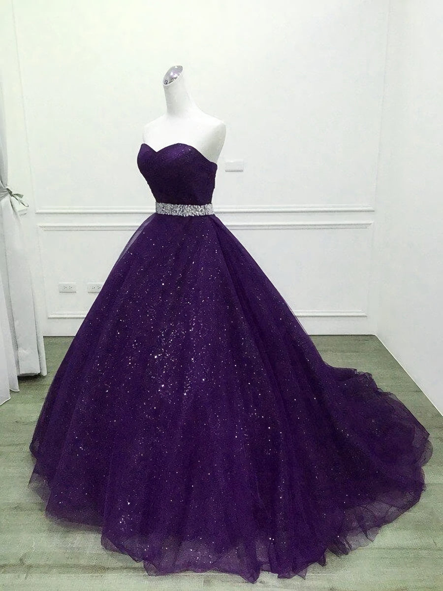 Evening Dress Long Sleeve Maxi, Shiny Purple Tulle Beaded Ball Gonw Party Dress, Purple Prom Dresses