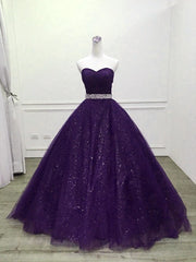 Evening Dress Modest, Shiny Purple Tulle Beaded Ball Gonw Party Dress, Purple Prom Dresses