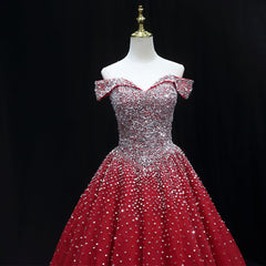Floral Prom Dress, Shiny Red Sequins Pretty Long Formal Dress, Dark Red Sweet 16 Dresses