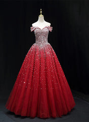 Formal Dress With Embroidered Flowers, Shiny Red Sequins Pretty Long Formal Dress, Dark Red Sweet 16 Dresses