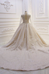 Wedding Dress Rustic, Shiny Sequined Long Sleevess Pleats Champange Wedding Dress