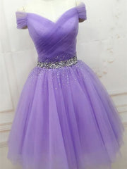 Party Dress Silk, Shiny Sequins Purple Short Prom Dresses, Off the Shoulder Purple Formal Homecoming Dresses