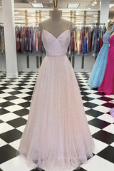 Prom Dresses Open Back, Shiny Sequins V Neck Pink Long Prom Dress, V Neck Pink Formal Graduation Evening Dress