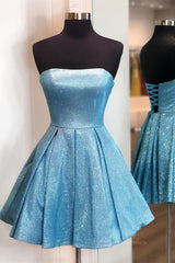 Party Dress Pattern, Shiny Strapless Blue Short Prom Dresses, Open Back Blue Homecoming Dresses, Blue Formal Evening Dresses