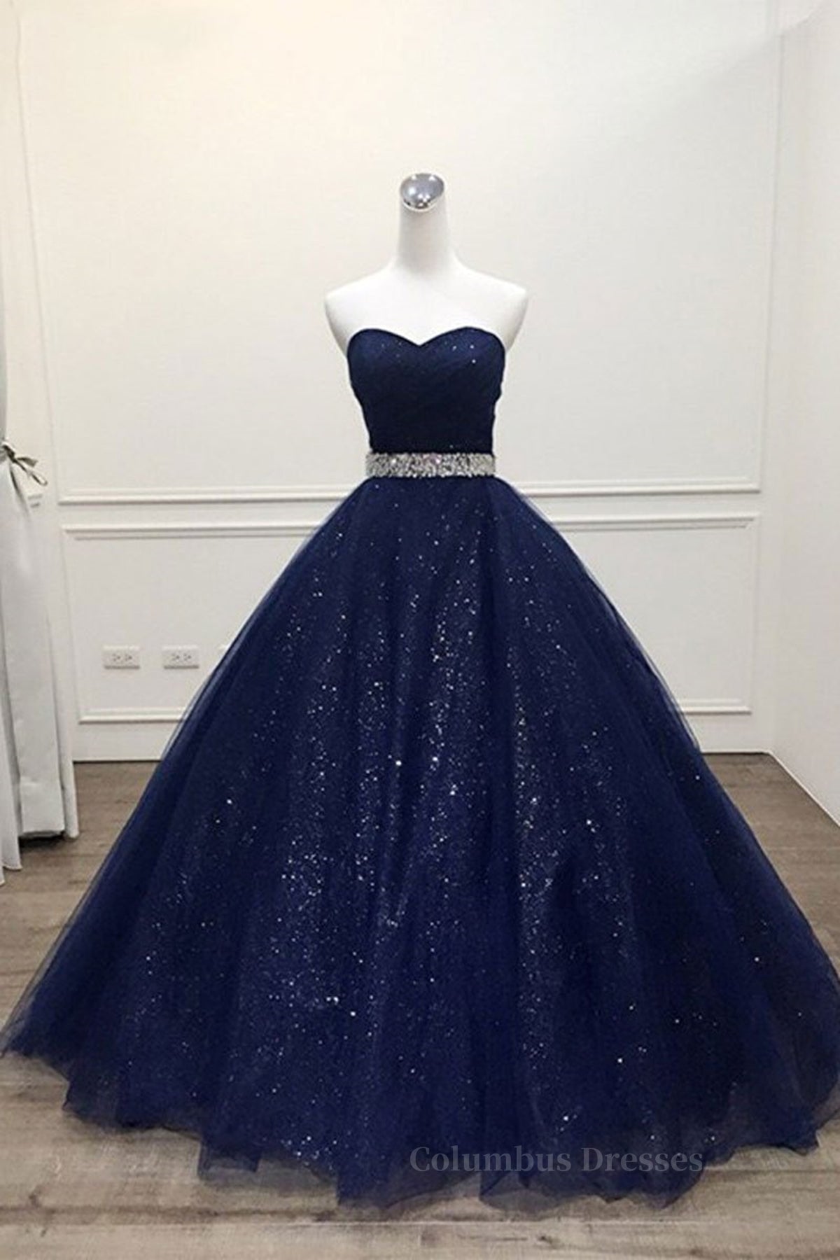 Party Dress For Teen, Shiny Strapless Dark Blue Long Prom Dresses, Dark Blue Long Formal Evening Gown