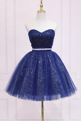 Party Dresses Short, Shiny Strapless Sweetheart Neck Blue Short Prom Homecoming Dress with Belt, Sparkly Blue Formal Evening Dress