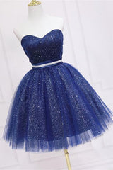 Party Dress Outfit, Shiny Strapless Sweetheart Neck Blue Short Prom Homecoming Dress with Belt, Sparkly Blue Formal Evening Dress