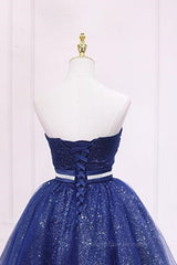 Party Dress Styles, Shiny Strapless Sweetheart Neck Blue Short Prom Homecoming Dress with Belt, Sparkly Blue Formal Evening Dress