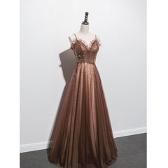 Bridesmaid Dressed Blush, Shiny Tulle Beaded Long Straps Floor Length Party Dress, A-line Prom Gown