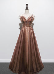 Bridesmaid Dress Blushes, Shiny Tulle Beaded Long Straps Floor Length Party Dress, A-line Prom Gown