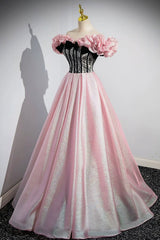 Prom Dresses With Long Sleeves, Shiny Tulle Long A-Line Pink Corset Prom Dress, Off the Shoulder Evening Party Dress