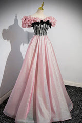 Prom Dress Casual, Shiny Tulle Long A-Line Pink Corset Prom Dress, Off the Shoulder Evening Party Dress