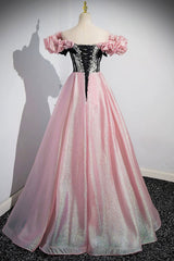 Prom Dresses Sale, Shiny Tulle Long A-Line Pink Corset Prom Dress, Off the Shoulder Evening Party Dress