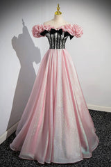 Prom Dress With Long Sleeves, Shiny Tulle Long A-Line Pink Corset Prom Dress, Off the Shoulder Evening Party Dress