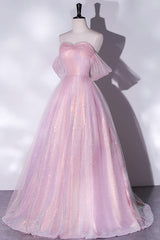 Fashion Dress, Shiny tulle sequins long pink prom dress A-line evening dress