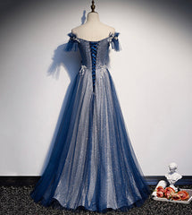 Party Dress Look, Shiny tulle sequins long prom dress blue evening dress